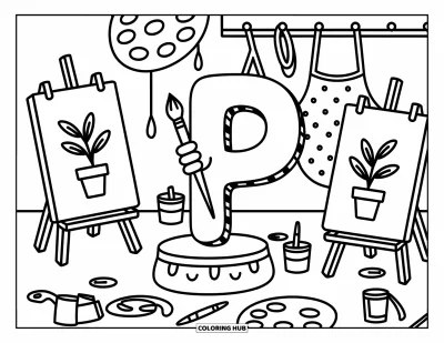 Coloriage de la lettre P pour adultes : Dans un atelier chaleureux, P peint joyeusement à côté de tubes de couleur et de toiles garnies de plantes