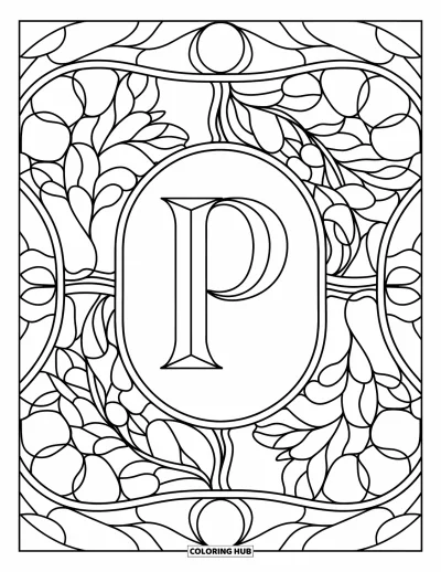Coloriage de la lettre P pour adultes : Des motifs de vitrail aux feuilles enveloppent un P central dans ce design de mosaïque apaisante