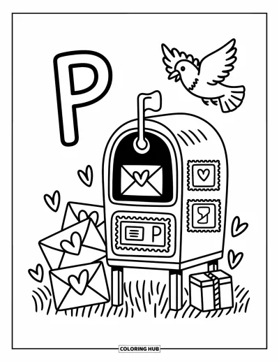 Coloriage de la lettre P pour adultes : La lettre P et une boîte aux lettres partagent la scène avec des lettres qui volent et un pigeon joyeux