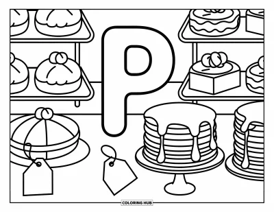 Coloriage de la lettre P pour adultes : La lettre P sert des pâtisseries derrière un comptoir garni de tartes, de crêpes et de poches à douille