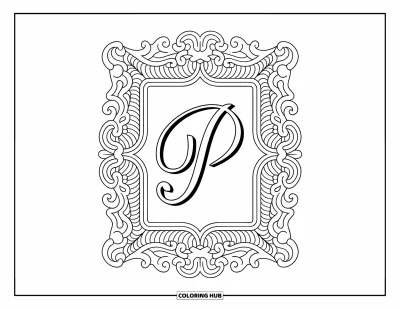 Coloriage de la lettre P pour adultes : La lettre P trône avec élégance dans un cadre baroque de volutes et de fins ornements en spirale