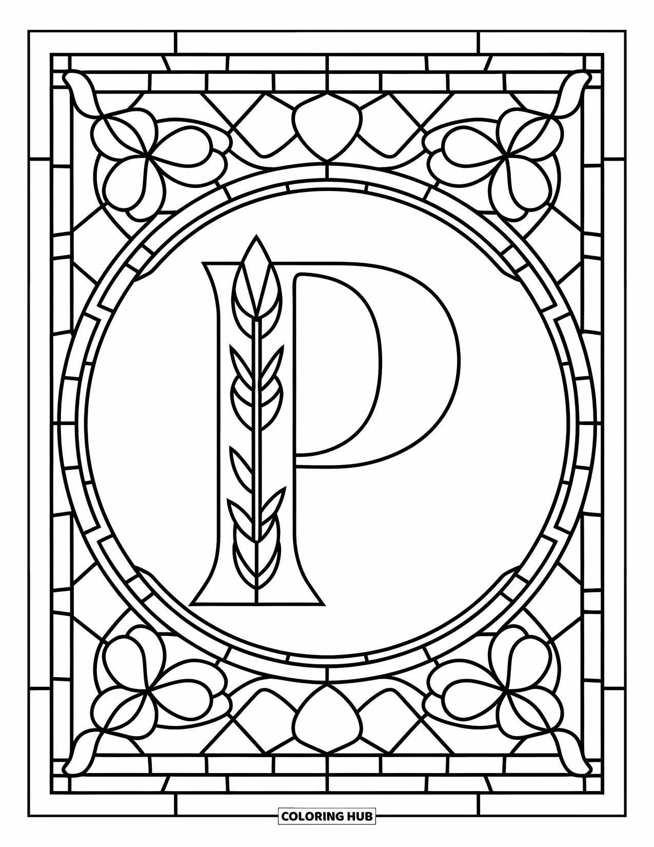 Letter P Coloring Page for Adults: Letter P sits inside a floral and geometric stained glass window with balanced symmetry