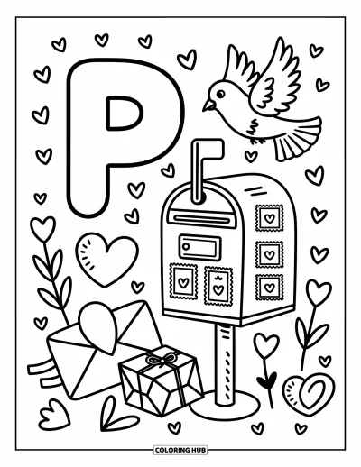 Coloriage de la lettre P pour adultes : La lettre P se tient près d'une petite boîte aux lettres avec des enveloppes timbrées en cœur et un pigeon en vol