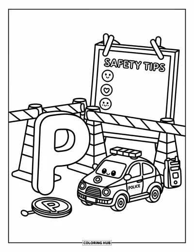 Coloriage de la lettre P pour adultes : La lettre P se dresse fièrement à côté d'une voiture de police et d'un tableau fantaisiste de conseils de sécurité