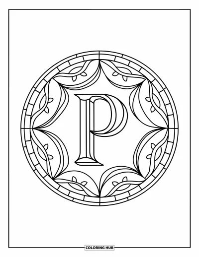 Coloriage de la lettre P pour adultes : Des motifs de verre mosaïque entourent une lettre P dans un design circulaire végétal et apaisant