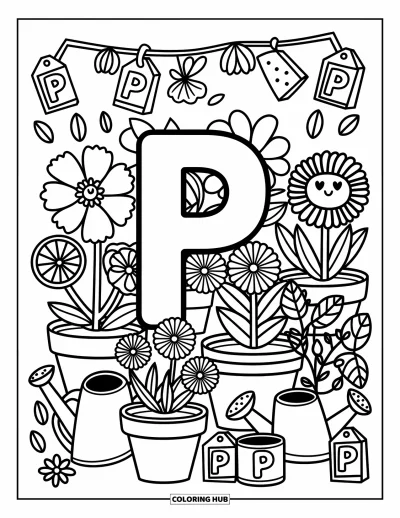 Coloriage de la lettre P pour adultes : Le P est niché dans une pépinière remplie de plantes, d'arrosoirs et d'étiquettes de jardin