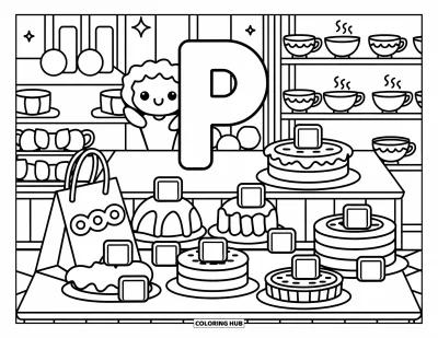Coloriage de la lettre P pour adultes : Le P est entouré de viennoiseries, de tartes, de crêpes et de tasses de thé charmantes dans une douce pâtisserie