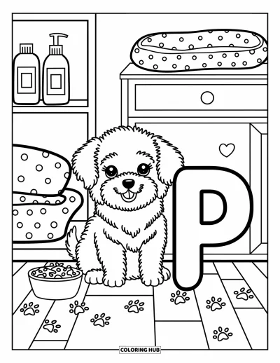 Coloriage de la lettre P pour adultes : Un chiot et la lettre P sont ensemble, entourés de jouets, de shampoing et d'un lit moelleux