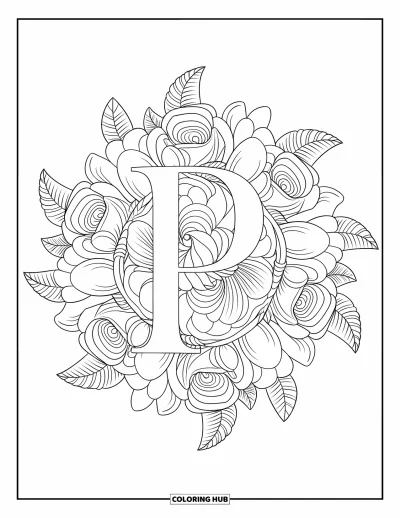 Coloriage de la lettre P pour adultes : Des roses et des vignes s'épanouissent autour d'une grande lettre P dans un mandala floral
