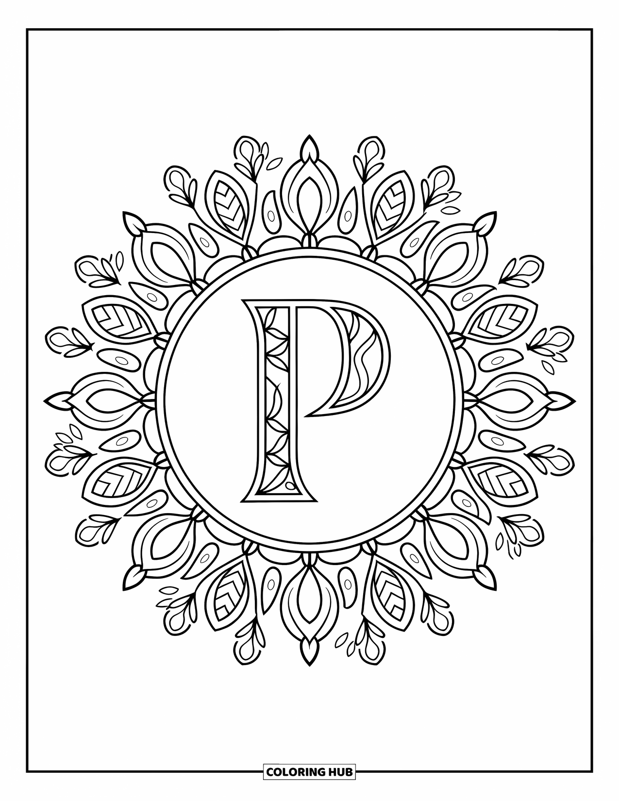 Letter P Coloring Page for Adults: Tiny petals and paisley patterns form a circular mandala with a decorative P at center