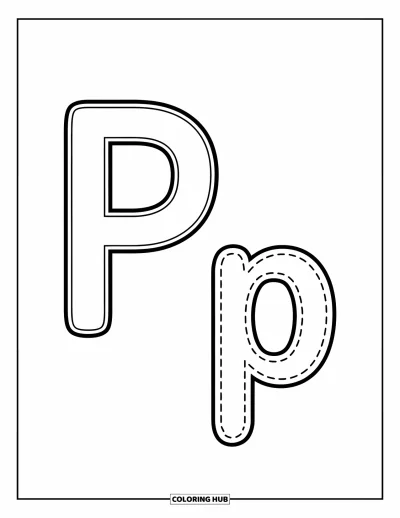 Coloriage de la lettre P pour enfants : Un grand P au-dessus d'un petit p, tous deux en pointillés pour s'exercer à tracer les lettres