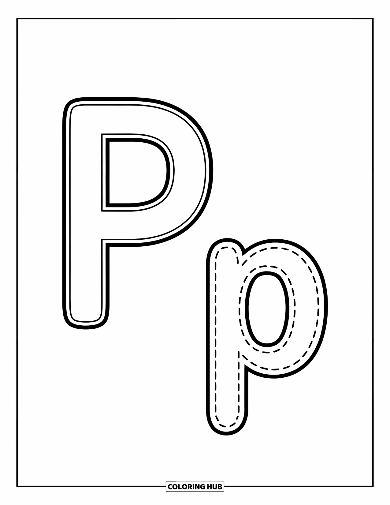Letter P Coloring Page for Kids: A big P above a little p, both in dotted outlines for tracing practice
