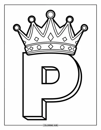Coloriage de la lettre P pour enfants : Un grand P surmonté d'une couronne de princesse ornée de pierres précieuses, parfait pour les jeunes fans de royauté