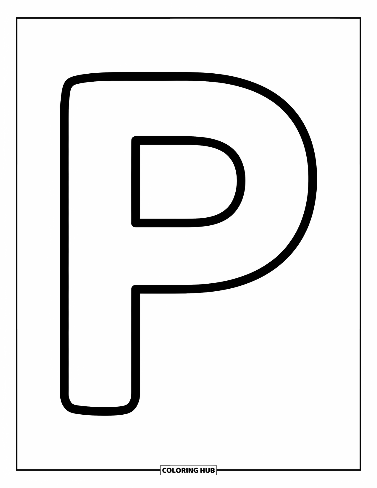 Letter P Coloring Page for Kids: A big uppercase P with bold lines takes center stage for easy coloring fun