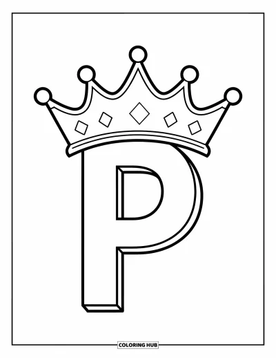 Coloriage de la lettre P pour enfants : Une grande lettre P surmontée d'une couronne ornée de pierres précieuses dans un style ludique et épuré