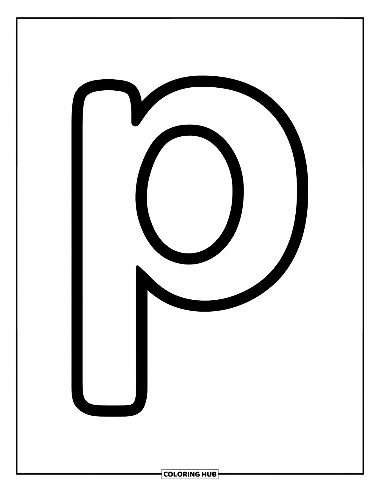 Letter P Coloring Page for Kids: A bold lowercase p takes center stage with a fun, easy-to-color style