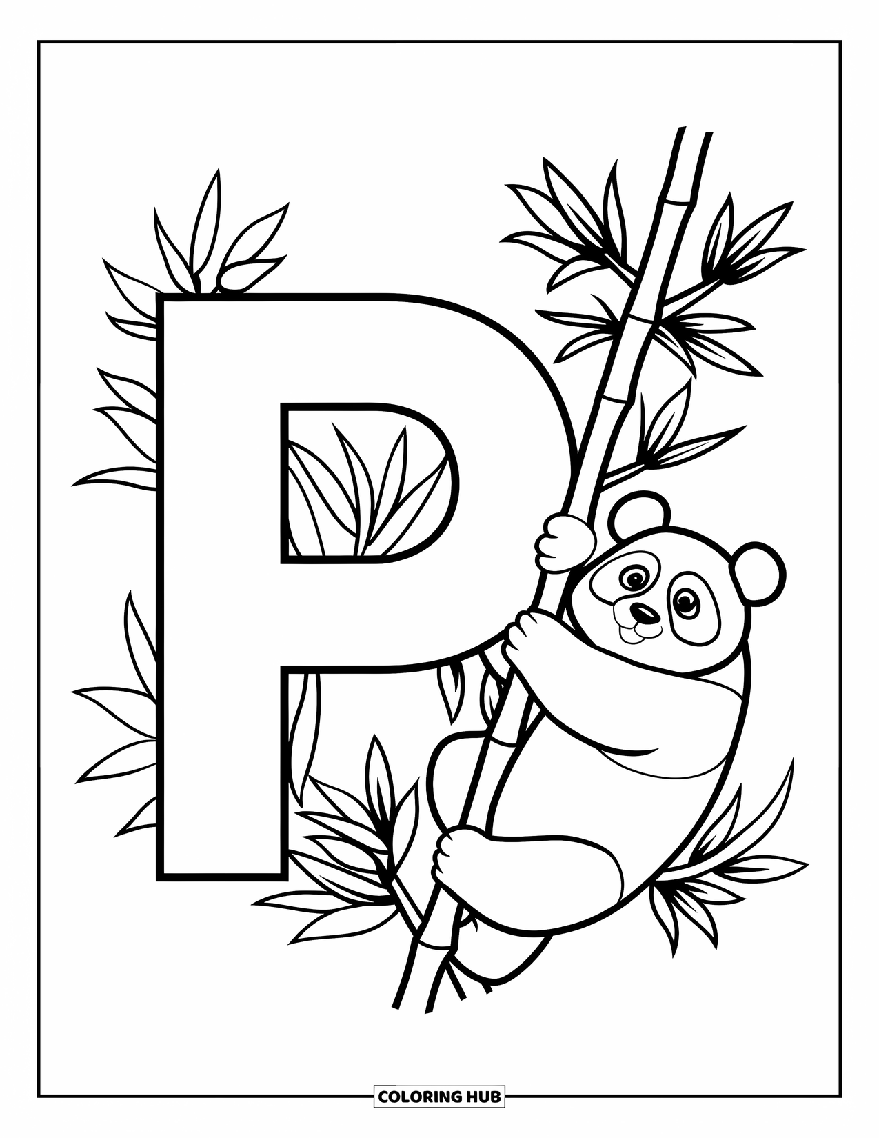 Letter P Coloring Page for Kids: A bold P stands next to a panda gripping a bamboo stalk