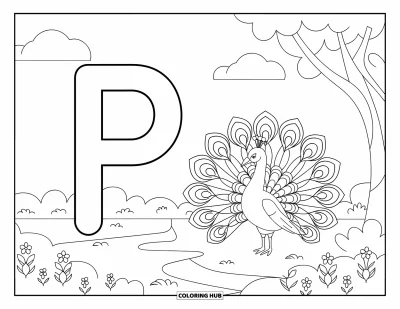 Coloriage de la lettre P pour enfants : Un grand P se dresse fièrement près d'un paon et d'une allée de jardin en fleurs