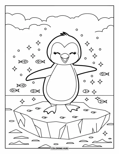 Coloriage de la lettre P pour enfants : Un pingouin paisible garde l'équilibre sur la glace, les yeux fermés, avec des étoiles et de petits poissons
