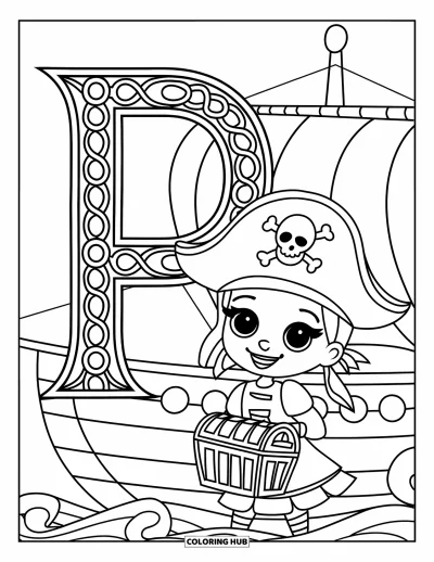 Coloriage de la lettre P pour enfants : Une joyeuse petite pirate avec chapeau et coffre se repose près de la lettre P