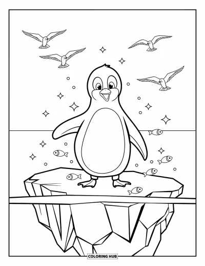 Coloriage de la lettre P pour enfants : Un pingouin serein flotte sur de la glace craquelée avec des mouettes en vol et une eau scintillante