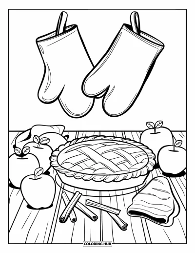 Coloriage de la lettre P pour enfants : Une tarte bien chaude sur une table entourée de pommes, d'épices et d'ustensiles de cuisine