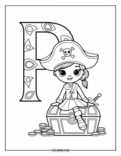 Coloriage de la lettre P pour enfants : Une adorable petite pirate pose à côté de la lettre P avec son or et son épée