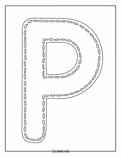 Coloriage de la lettre P pour enfants : Un P majuscule en pointillés conçu pour que les enfants de maternelle tracent les lettres avec assurance