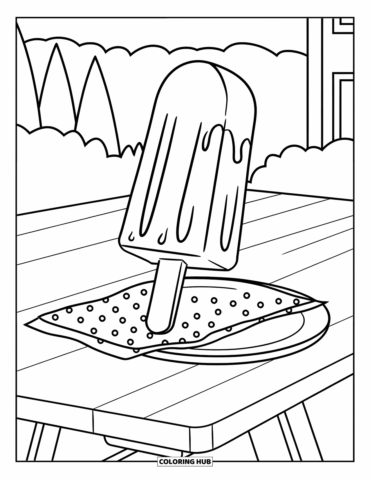 Letter P Coloring Page for Kids: A dripping popsicle sits on a plate with a napkin and picnic goodies nearby