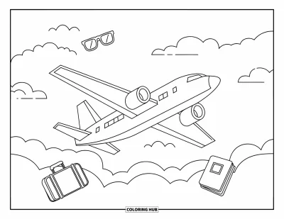 Coloriage de la lettre P pour enfants : Un avion vole dans les nuages avec des bagages, des lunettes de soleil et un passeport à proximité
