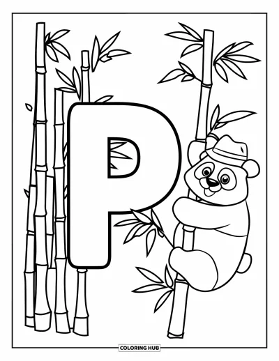 Coloriage de la lettre P pour enfants : Un panda joyeux portant un chapeau grimpe sur du bambou près de la lettre P
