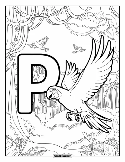 Coloriage de la lettre P pour enfants : Un perroquet de la jungle porte un grand P tandis que des oiseaux volent et des lianes se balancent autour