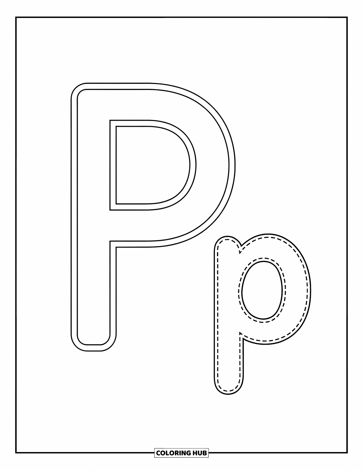 Letter P Coloring Page for Kids: A large P and small p are traced with dotted lines for easy writing fun