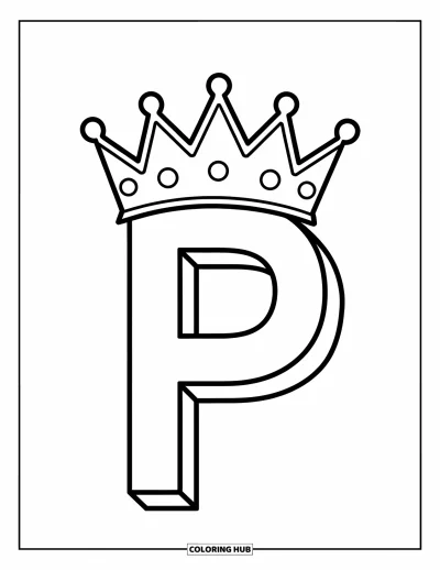 Coloriage de la lettre P pour enfants : Une lettre P qui porte une couronne de princesse dans un design simple et amusant