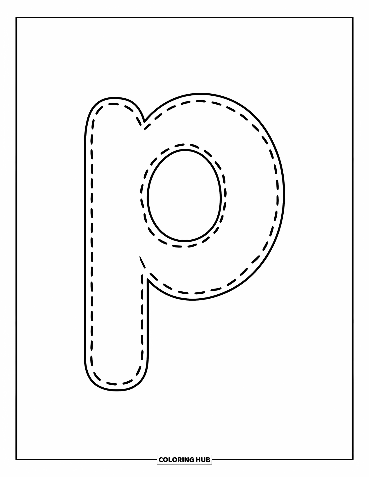 Letter P Coloring Page for Kids: A lowercase p with dotted lines helps preschoolers learn to trace with ease