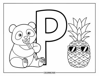 Coloriage de la lettre P pour enfants : Un panda et un ananas s'amusent avec les lettres P majuscule et minuscule dans un style ludique