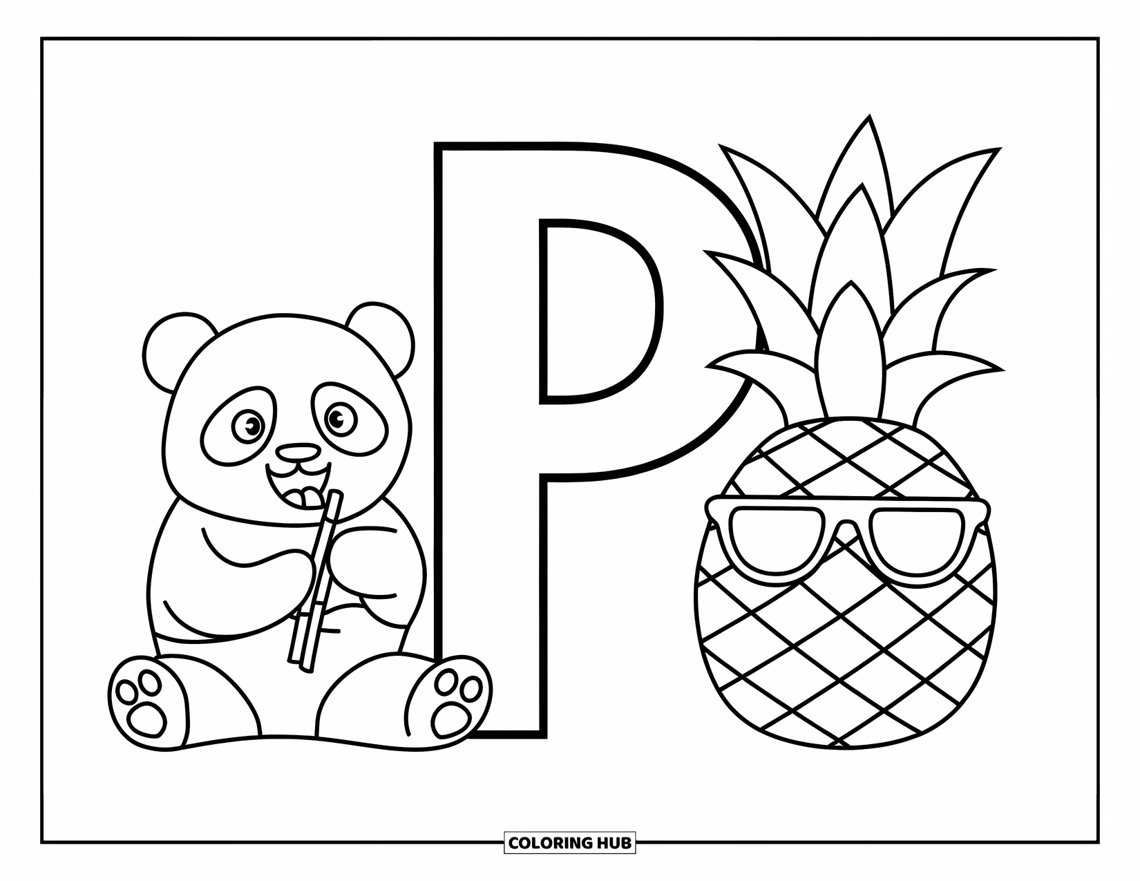 Letter P Coloring Page for Kids: A panda eats bamboo next to P while a pineapple relaxes in shades