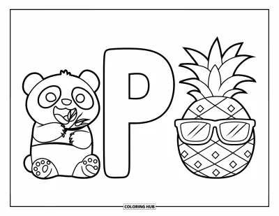 Coloriage de la lettre P pour enfants : Un panda grignote du bambou à côté d'un grand P, tandis qu'un ananas en lunettes de soleil se tient là
