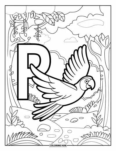 Coloriage de la lettre P pour enfants : Un perroquet traverse une jungle pleine de lianes et d'arbres à côté de la lettre P
