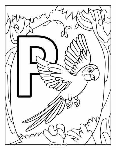 Coloriage de la lettre P pour enfants : Un perroquet passe en trombe devant la lettre P dans une jungle pleine d'arbres et de lianes