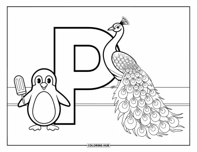 Coloriage de la lettre P pour enfants : Un paon se perche près d'un P tandis qu'un pingouin tient une glace en bas