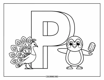 Coloriage de la lettre P pour enfants : Un paon déploie ses plumes pendant qu'un pingouin déguste une glace à côté de deux lettres P