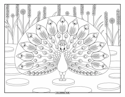 Coloriage de la lettre P pour enfants : Un paon déploie ses plumes dans un jardin fleuri avec des pas japonais