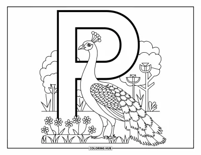 Coloriage de la lettre P pour enfants : Un paon se tient à côté de la lettre P dans un jardin fleuri