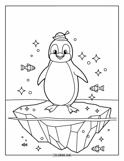 Coloriage de la lettre P pour enfants : Un pingouin coiffé d'un petit chapeau se tient fièrement sur un iceberg avec des poissons autour