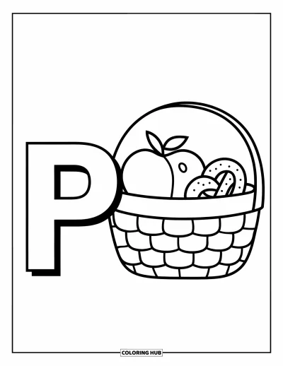 Coloriage de la lettre P pour enfants : Un panier de pique-nique contient une pêche et un bretzel à côté d'une grande lettre P simple