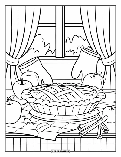Coloriage de la lettre P pour enfants : Une tarte repose sur une table à carreaux près de pommes et d'une fenêtre avec rideau