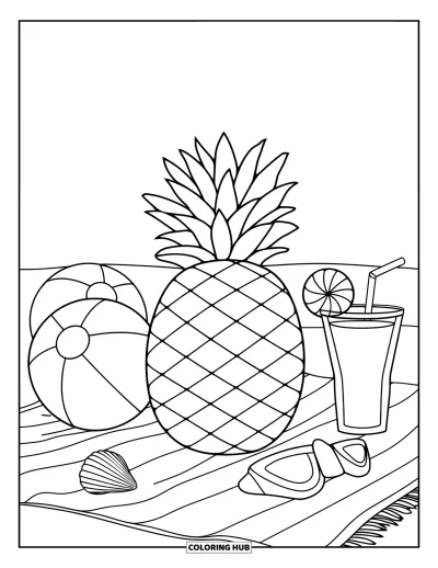 Coloriage de la lettre P pour enfants : Un ananas se prélasse sur une serviette de plage avec des coquillages, des ballons et une boisson fraîche
