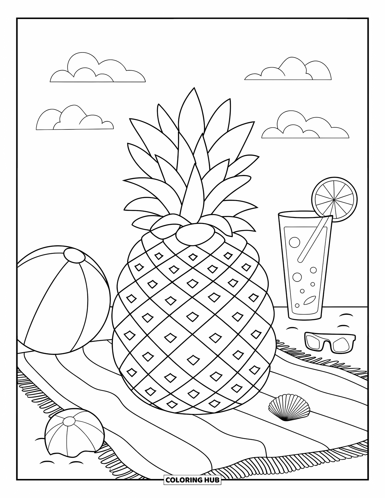 Letter P Coloring Page for Kids: A pineapple relaxes on a towel with a drink, beach balls, and sunny skies