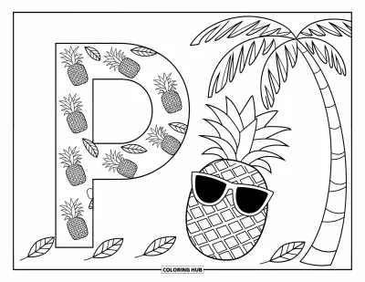 Coloriage de la lettre P pour enfants : Un P en forme d'ananas entouré de feuilles, avec un ananas qui se relaxe en lunettes de soleil